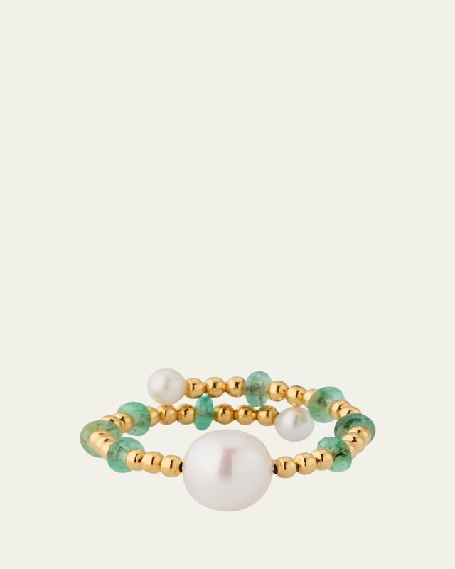 18K Yellow Gold Aurogen Pearl and Emerald Ring